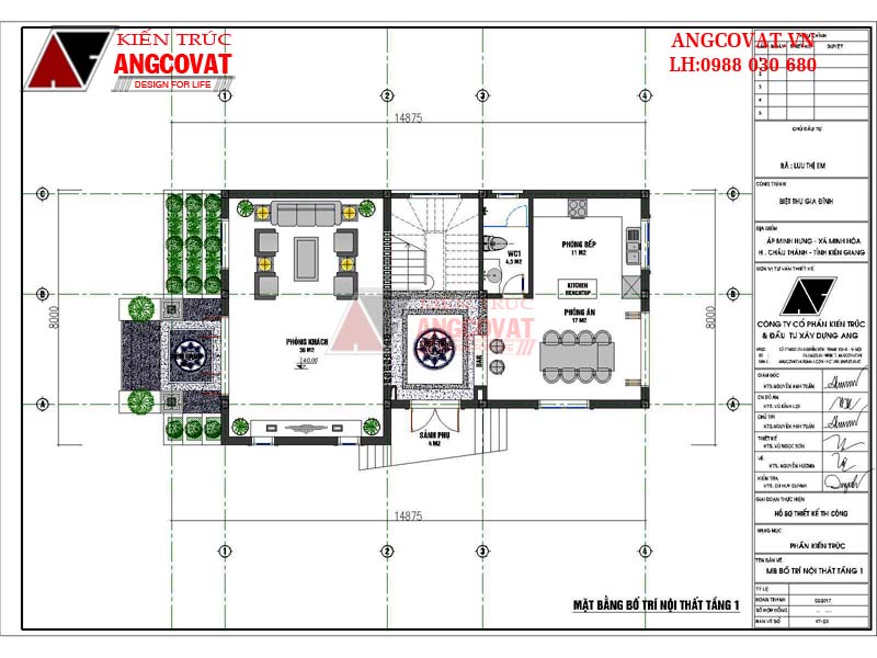 Mặt bằng tầng 1: Thiết kế nhà biệt thự 2 tầng mặt tiền 8m mái thái BT201037