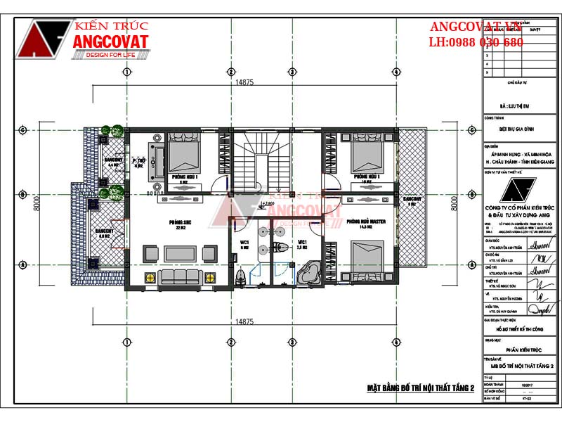 Mặt bằng tầng 2: Thiết kế nhà biệt thự 2 tầng mặt tiền 8m mái thái đẹp 900 triệu