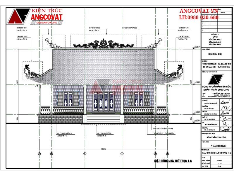 Mặt đứng: mẫu nhà 3 gian 90m2 kết hợp nhà thờ 100m2