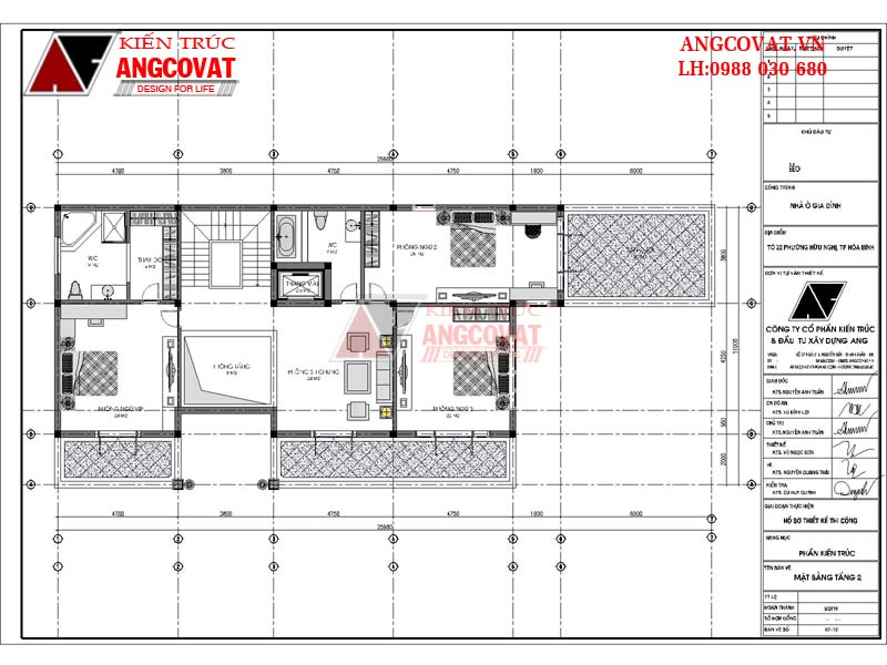 Mặt bằng tầng 2: Thiết kế nhà 3 tầng 4 phòng ngủ phong cách tân cổ điển