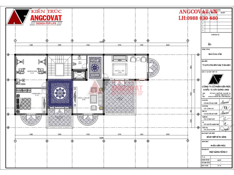 Mặt bằng tầng 3: Thiết kế nhà 3 tầng 4 phòng ngủ tân cổ điển tại Hoà Bình