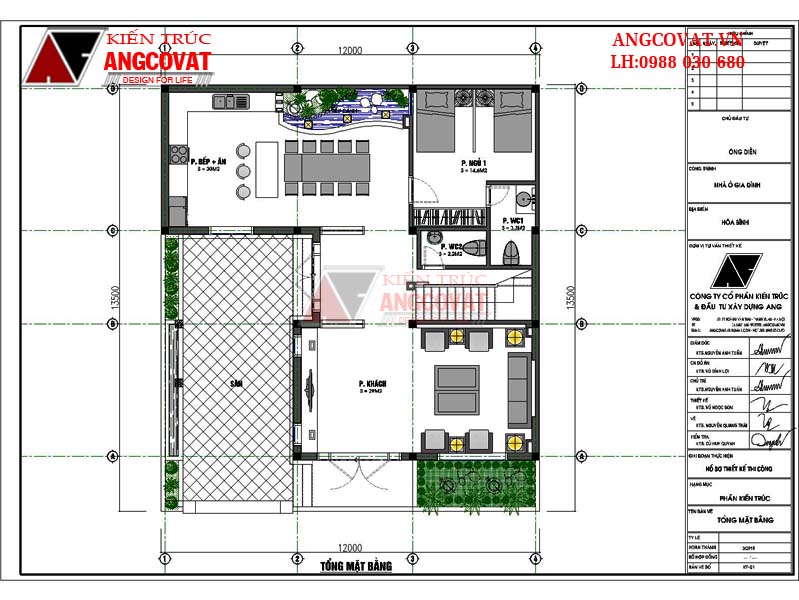 Mặt bằng tầng 1: Mẫu thiết kế nhà 3 tầng chữ L diện tích 110m2 tại Hoà Bình