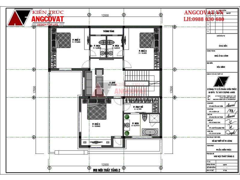 Mặt bằng tầng 2: Mẫu thiết kế nhà 3 tầng chữ L mặt tiền 12m tại Hoà Bình