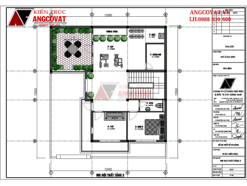 Mặt bằng tầng 3: Mẫu thiết kế nhà 3 tầng chữ L mặt tiền 12m diện tích 110m2