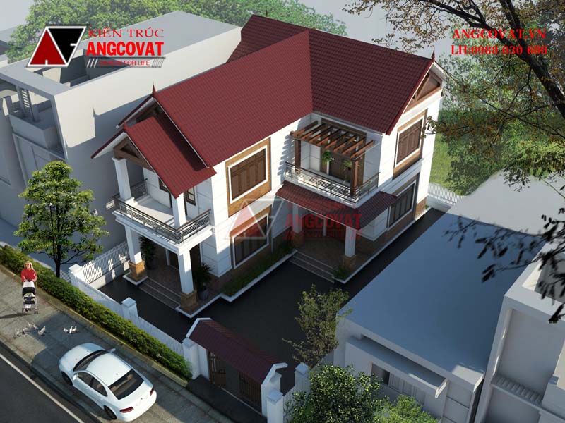 Phối cảnh view 3: Mẫu thiết kế nhà 2 tầng 3 phòng ngủ 1 phòng thờ đẹp, hiện đại