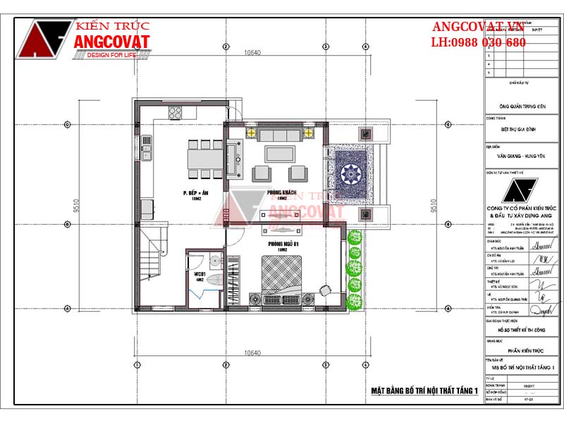 Mặt bằng tầng 1: Thiết kế nhà 2 tầng mái ngói diện tích 80m2 tại Hưng Yên