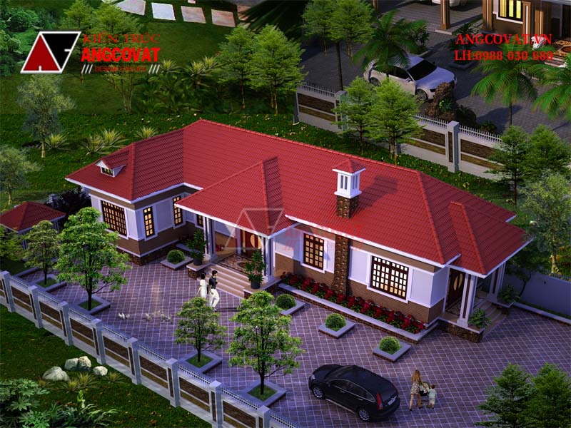 mẫu nhà vườn 1 tầng chữ L mái thái đỏ