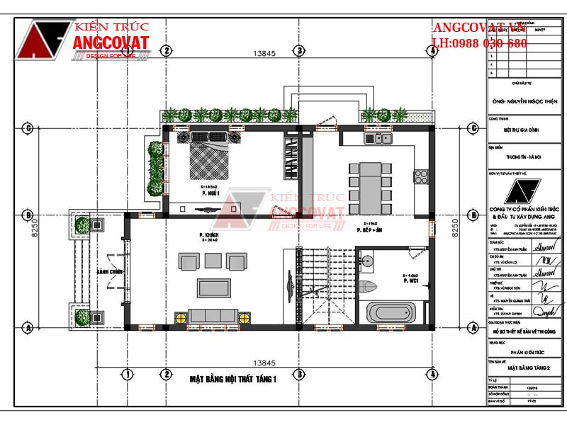 Mặt bằng tầng 1 - Thiết kế nhà 2 tầng mặt tiền 8m đẹp tại Hà Nội