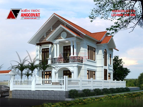 Phối cảnh 1 mẫu thiết kế nhà 2 tầng 3 phòng ngủ mái thái 100m2 theo phong cách tân cổ điển