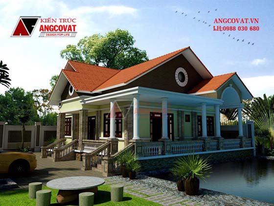 Phối cảnh view 2 - Thiết kế nhà 1 tầng mái thái 3 phòng ngủ tại Thái Bình