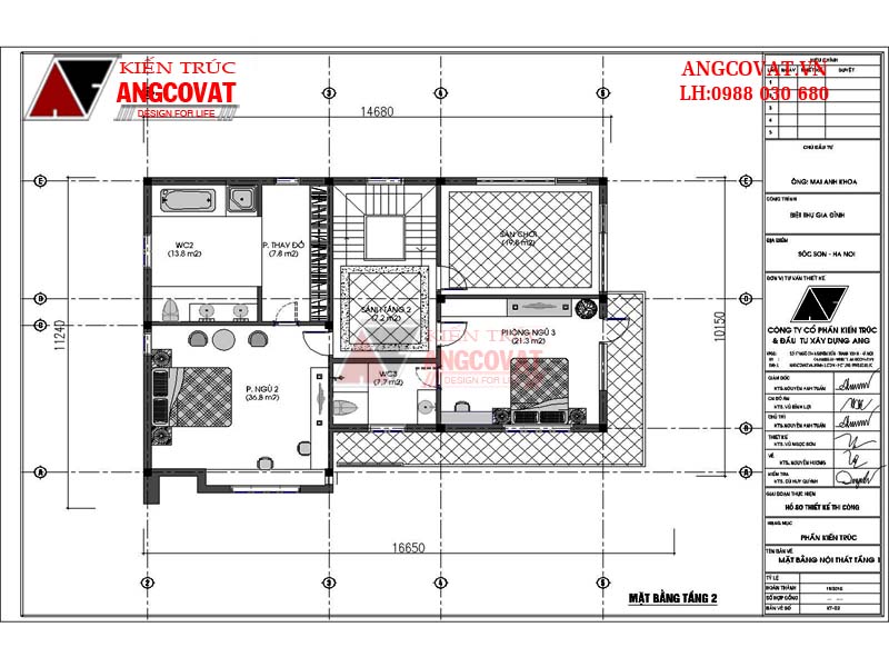 Mặt bằng tầng 2: Mẫu thiết kế nhà 10x15m 3 tầng hiện đại tại Sóc Sơn