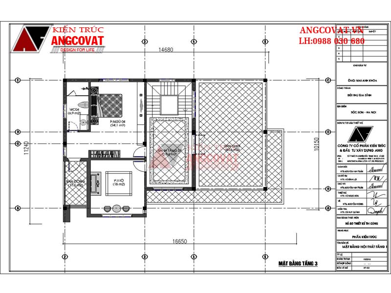 Mặt bằng tầng 3: Mẫu thiết kế nhà 10x15m 3 tầng 3 phòng ngủ