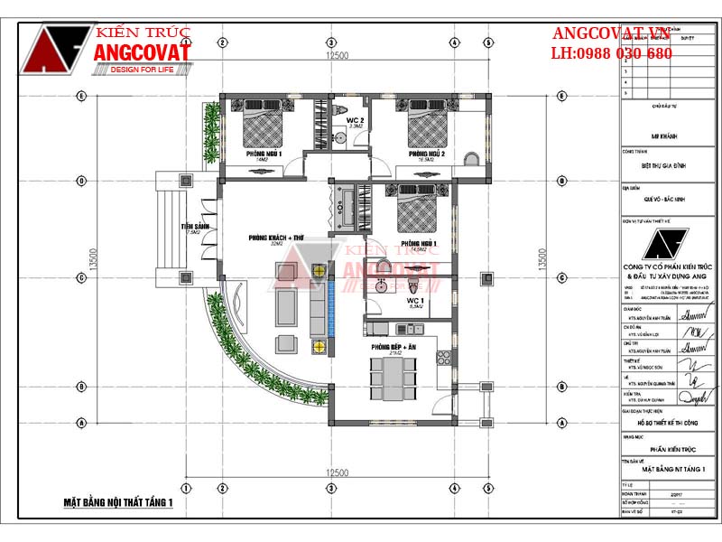 Mặt bằng tầng 1 : thiết kế nhà 130m2 1 tầng 3 phòng ngủ 1 phòng thờ