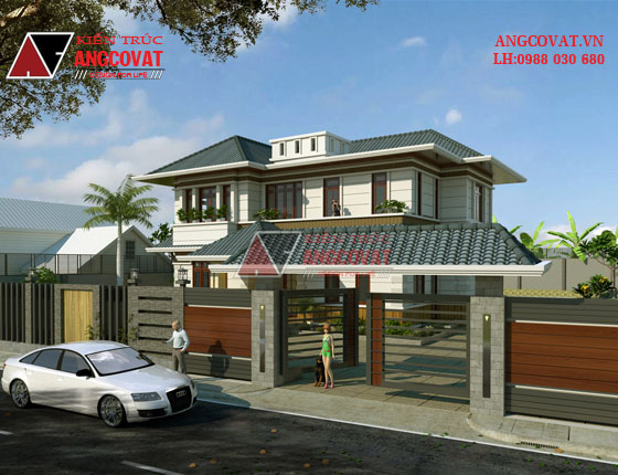 Mẫu thiết kế nhà 2 tầng 160m2 kiểu biệt thự sân vườn 4 phòng ngủ mái thái đẹp lung linh ở Hưng Yên BT22375