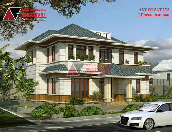 Mẫu thiết kế nhà 2 tầng 160m2 kiểu biệt thự sân vườn 4 phòng ngủ mái thái đẹp lung linh ở Hưng Yên BT22375