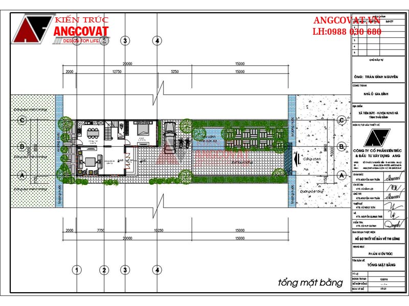 Tổng mặt bằng: Thiết kế nhà 3 tầng mặt tiền 9m 4 phòng ngủ