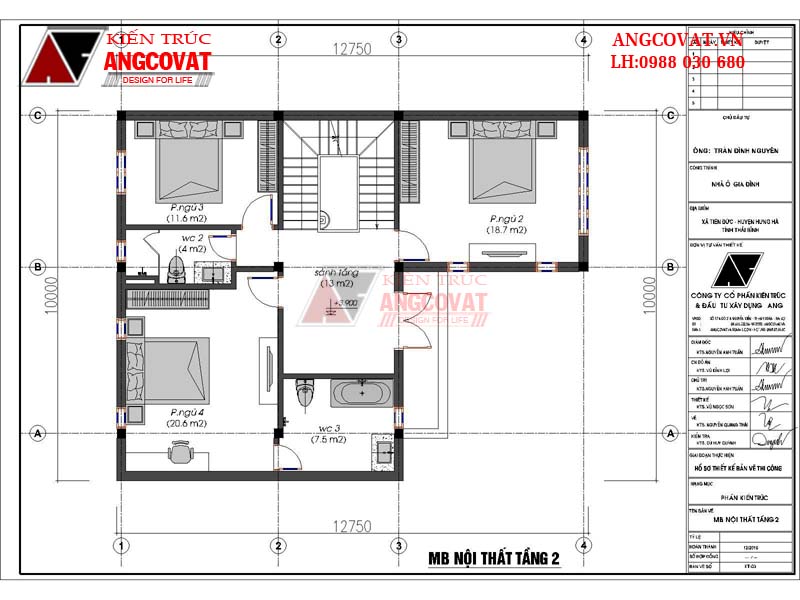 Mặt bằng tầng 2: Thiết kế nhà 3 tầng mặt tiền 9m diện tích 90m2 hiện đại