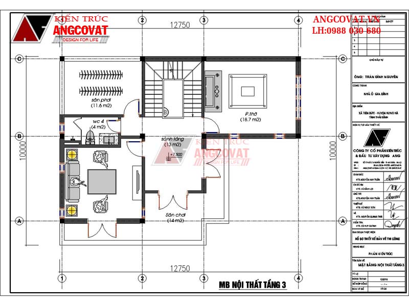 Mặt bằng tầng 3: Thiết kế nhà 3 tầng mặt tiền 9m diện tích 90m2 4 phòng ngủ