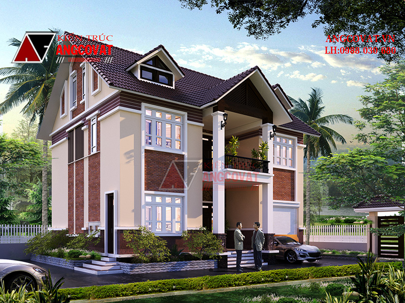 Phối cảnh 2: Mẫu thiết kế nhà có gara ô tô 2 tầng mái thái