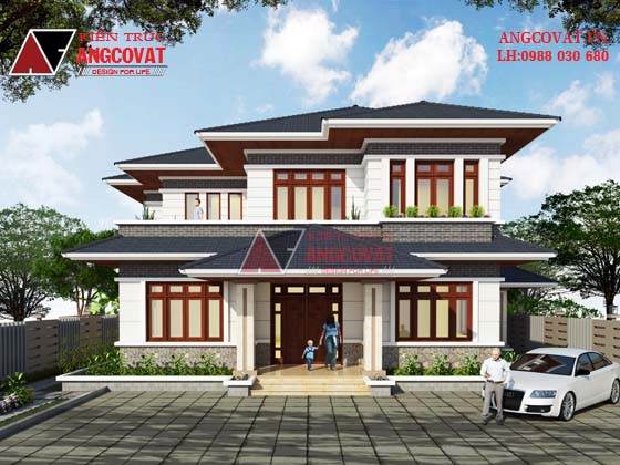Mẫu thiết kế nhà đẹp 200m2 2 tầng mái thái 5 phòng ngủ - phối cảnh 2