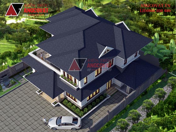 Mẫu thiết kế nhà đẹp 200m2 2 tầng mái thái 5 phòng ngủ - phối cảnh 3