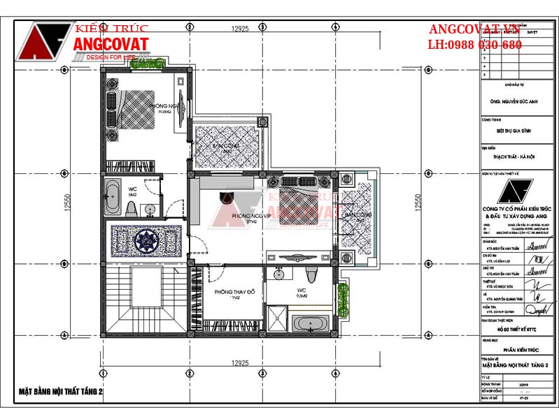 Mặt bằng tầng 2: Mẫu thiết kế nhà 3 tầng mặt tiền 10m diện tích 150m2 hình chữ L