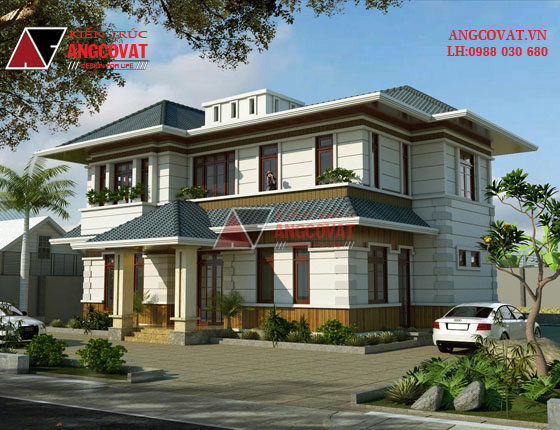 Mẫu thiết kế nhà 2 tầng 160m2 kiểu biệt thự sân vườn 4 phòng ngủ mái thái đẹp tại Hưng Yên BT22375