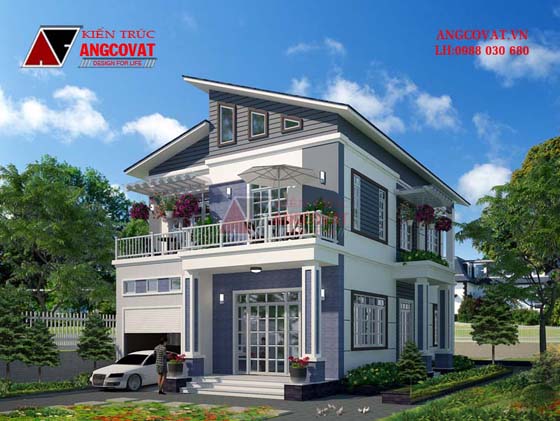 Mẫu thiết kế nhà 2 tầng đẹp 100m2 kiểu mái lệnh với 4 phòng ngủ BT211076