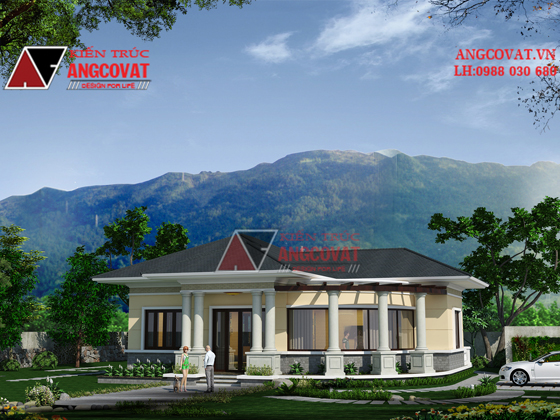 Mẫu thiết kế nhà cấp 4 130m2 mặt tiền 14m 3 phòng ngủ kiểu tân cổ điển đẹp tại Hòa Bình BT207016